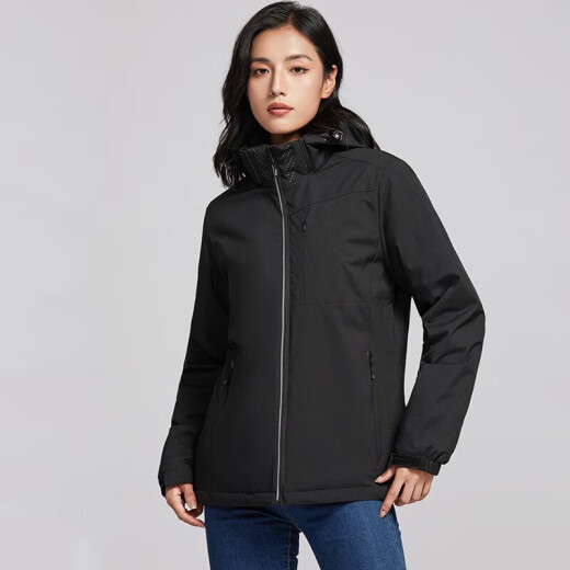 Yalu plus velvet jacket for women, Korean version, small short windproof and thermal windbreaker ins casual single-layer mountaineering jacket 9930S Obsidian black-women [solid color] XL