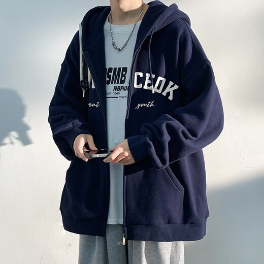 百鹊亭夹克男2025春夏季美式潮牌运动连帽开衫外套男青少年时尚卫衣男 杏色 L