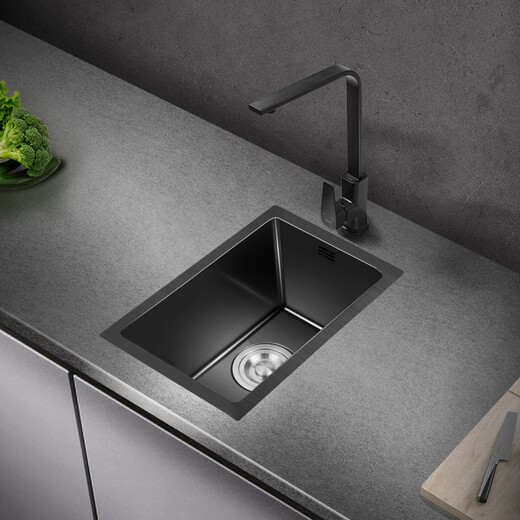 PULT Black Nano Kitchen Balcony Bar Handmade Small Sink Single Tank 304 Stainless Steel Washing Basin Mini Washing Pot With 6193 Round Faucet Full Set 380x300mm