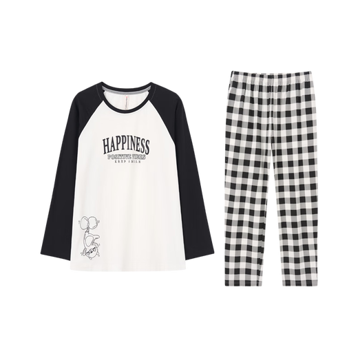 Fenton Couple Cotton Pajamas Women's New Round Neck Wearable Long Sleeve Home Clothes Set Elegant White (Male) L