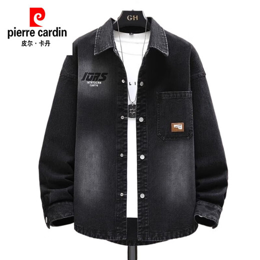 Pierre Cardin Denim Jacke Männer 2024 New American Lose Revers Work Jacke für Männer Männer Teenager Windproof Waschen 9209 Schwarz L 105-125jin [Jin gleich 0,5 kg]