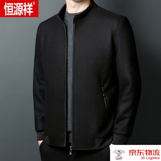 恒源祥（HYX）秋冬季羊毛呢外套男商务休闲立领男装茄克中年男士夹克上衣 K12271黑色 180码