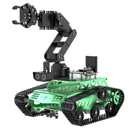 Huaner's open source STM32 robotic arm crawler trolley Tankbot tracks, avoids obstacles and patrols the line. 6 degrees of freedom mobile grabbing and handling AI intelligent programming robot supports Bluetooth control. Standard configuration (green)