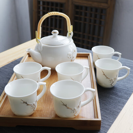 Ancient Shengji anti-scalding cup Jingdezhen ceramic tea set household teapot teacup modern simple Chinese hand-painted teapot platinum plum blossom anti-scalding tea set with bamboo tray 7 pieces