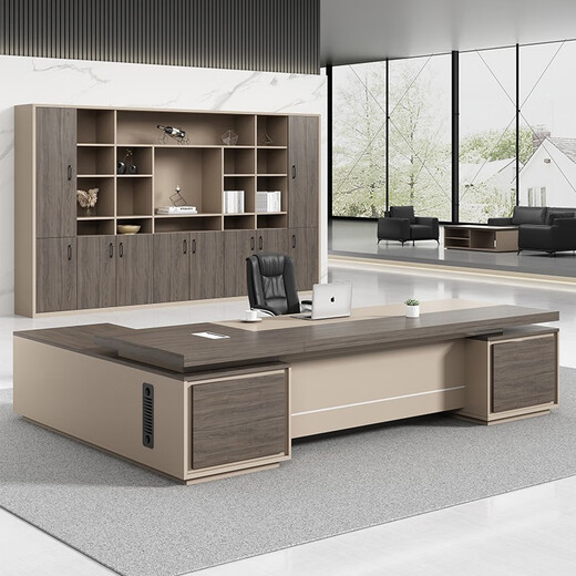Dilin boss desk desk supervisor manager desk simple modern office furniture leadership table and chair combination single executive desk ebony wood with iron gray (long cabinet on the right) 2 meters including double side cabinets + chairs + 2.4 meters bookcase