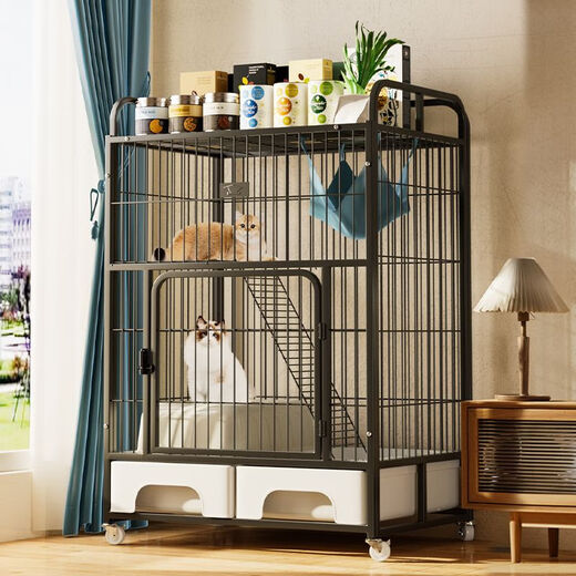 Raft core cat cage with toilet, suitable for 2 big cats, indoor double-decker and three-decker cat villa, extra large free space, closed basin, cage not included, package 1, double bowls + straps + shovel