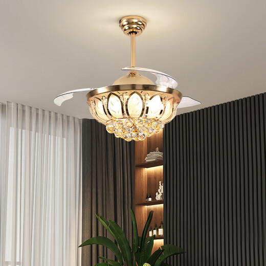 LUNXIYA Crystal Invisible Ceiling Fan Light Living Room Fan Light Dining Fan Light Bedroom Modern Simple Chandelier Zhongshan Lighting YX-825-Gold-diameter 108CM+Three Colors+Remote Control
