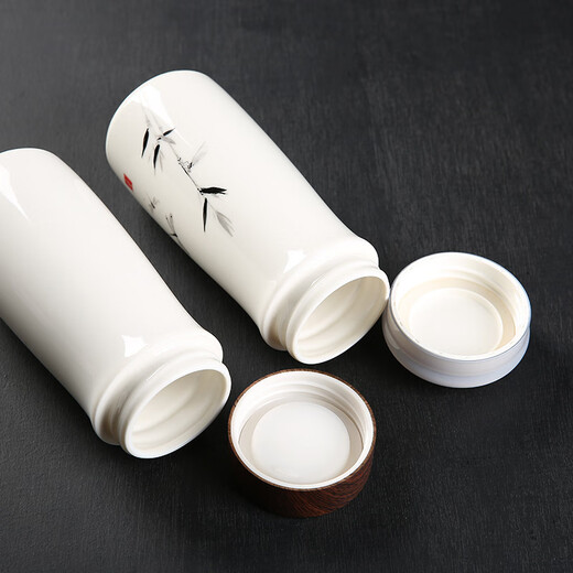 VEECHAN陶瓷内胆保温杯双层纯陶瓷杯家用泡茶杯公司商务礼品定制logo水杯 喜上枝头（木纹盖）