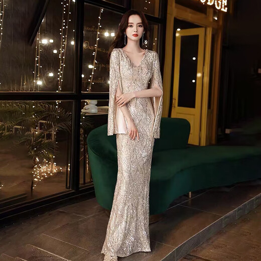 Noliti banquet evening dress for women 2025 new temperament long-sleeved annual meeting host long fishtail light luxury niche high-end champagne color long XL