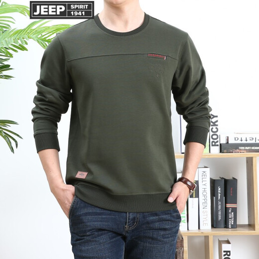 Jeep/JEEP spring new men's long-sleeved T-shirt casual loose large size fashion sports round neck pullover T-shirt men's black sweatshirt bottoming shirt top green M