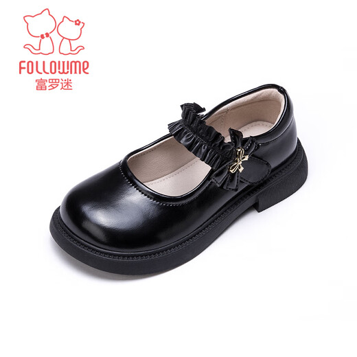 Fuluo Fan Girls' Leather Shoes Spring and Autumn New Square-Odor Breathable Soft Sole Single Shoes Children's Campus Performance Shoes Black 30