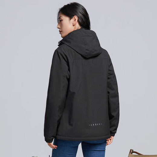 Yalu plus velvet jacket for women, Korean version, small short windproof and thermal windbreaker ins casual single-layer mountaineering jacket 9930S Obsidian black-women [solid color] XL