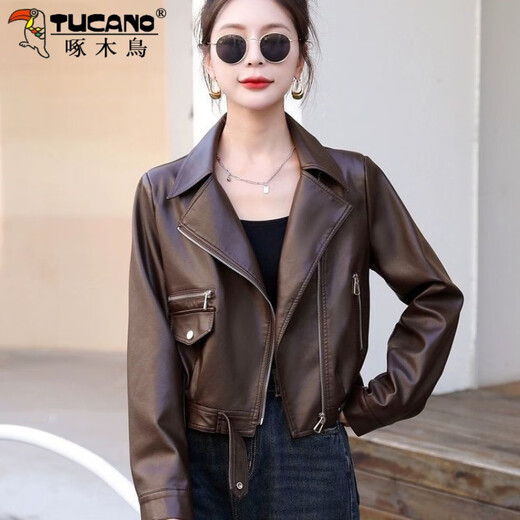 Veste en cuir de pic pour femmes courte 2025 printemps et automne Nouveau costume de moto décontracté petit pute en cuir col en brune couleur m 80-105jin [Jin est égal à 0,5 kg]