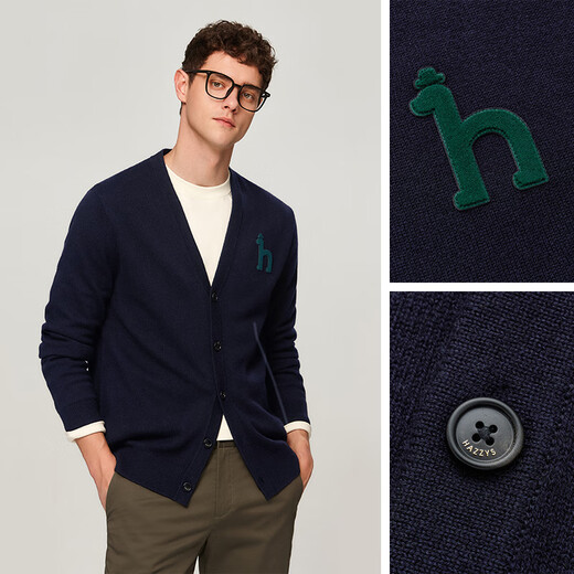 HAZZYS men's clothing winter sweater solid color V-neck versatile coat wool cardigan men ABYZD0BDF51 dark blue DN L (175/96A 48)