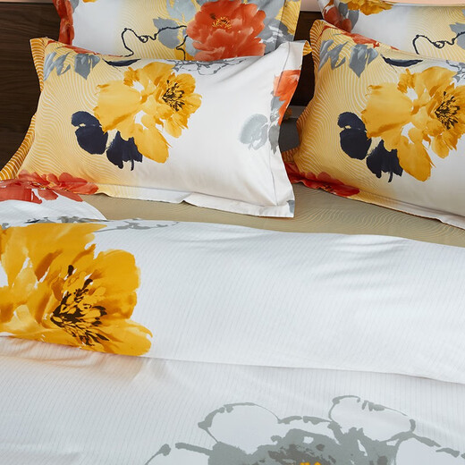 Luolai Chinese ink style flower pure cotton four-piece set, cotton high-density satin bedding, ink color 200x230cm