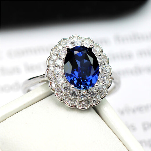 DL 1998 Tanzanite Sapphire 925 Silver Blue Ring Double Layer Diamond Retro Colored Jewel Ring Opening Japanese and Korean Female Silver Live Mouth (Main Stone 7X9mm) B6
