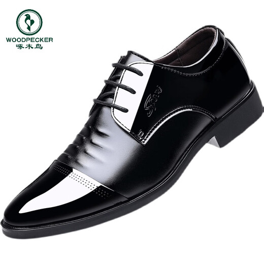 
Woodpecker Real Soft Leather Suit Men's Leather Shoes Men's Flat Groom Gloss Glossy Official Wedding Shoes Young Pointed Toe Boys Casual Wedding Shoes Spring and Autumn 9903 Glossy Black 39