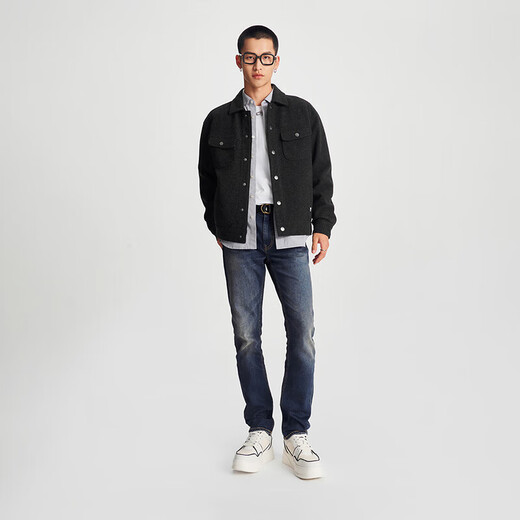 
Lee Comfortable Lapel Imitation Wool Grey Men's Long Sleeve Jacket