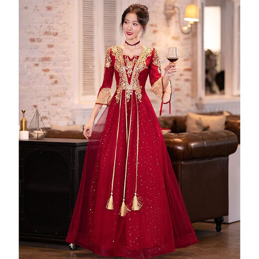 
MIFICY Xiuhe Wear Bride 2023 New Summer Toast Wear 2023 Summer burgundy high-end Chinese long sleeves Burgundy long [684] L