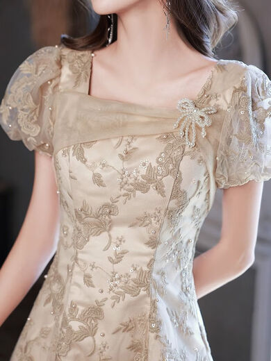 韦戒礼服女宴会晚礼服高档小个子高端晚2024新款香槟色气质名媛轻奢小 香槟色 S