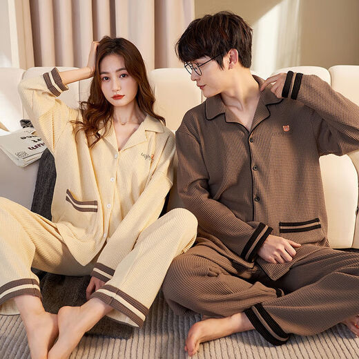 MiiOW Primavera y Otoño Pijamas para Parejas Cárdigan Coreano de Manga Larga Conjunto de Dos Piezas para un Hombre y una Mujer Las Parejas Pueden Usar Ropa Exterior para el hogar Cárdigan de Otoño C9854 M Mujer M + Hombre L