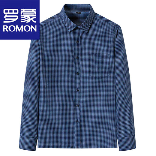 罗蒙（ROMON）男士衬衫长袖免烫中老年人休闲宽松男衬衣春秋大码寸衫爸爸装男装 蓝白格子 PL738 42 (150-160斤)