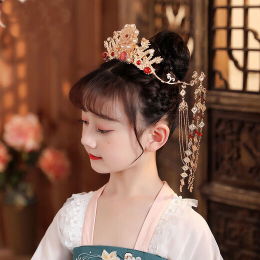 Meng Junchen children's Hanfu hair crown and headdress, ancient Tang style and Ming Dynasty tassels, ancient style fairy hair accessories, girls' performance costume accessories X-T26 red phoenix crown