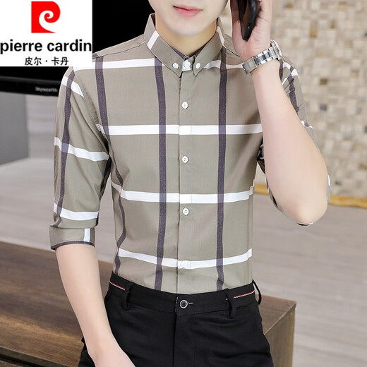 Pierre Cardin Men's Plaid Shirt Spring and Automne Minure Veste à manches longues Mature Business Casual Slim Mid-Marseved Luxury Shirt Men White 9922 Plaid Shirt M