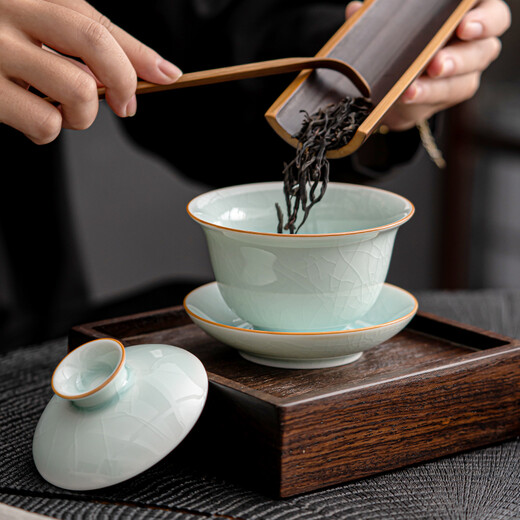 SUSHI CERAMICS Ru kiln egg green Sancai tureen can be opened to raise the gold thread, first kung fu tea set, tea bowl