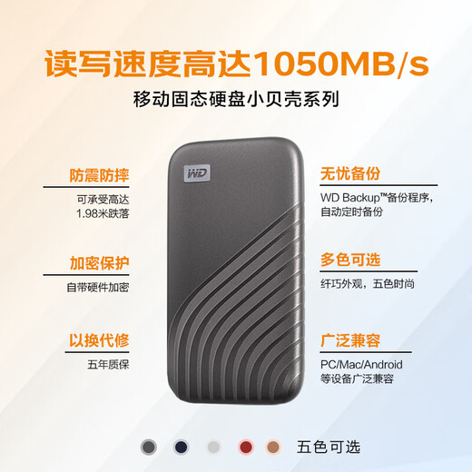 西部数据（WD） NVMe移动固态硬盘（PSSD）My Passport随行SSD type-c接口 1050MB/s 手机笔记本外置外接 兼容Mac 深空灰 | 1TB 高速加密