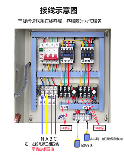 Water pump control box, one use and one spare, distribution box, sewage discharge, double water pump control cabinet, float level automatic sewage pump KW red