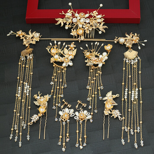 Super fairy Hanfu headdress set, tassel phoenix crown, Xiapei hair accessories, Xiuhe suit, golden costume and ancient style accessories