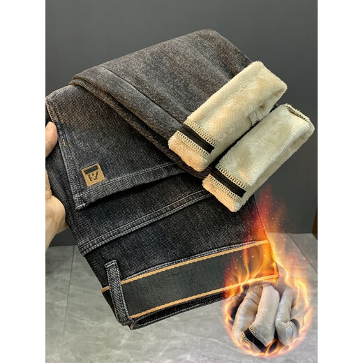 
GUANGAN AEPE2024 new plush thickened jeans for men in winter warm trends slightly loose straight slim fit trousers plush black 686-2 thickened 36 suitable for 170-178Jin [Jin equals 0.5 kg]