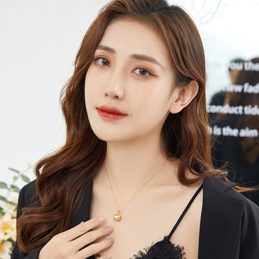 WEIYAN South Sea Gold Pearl Pendant, Round 18K Gold Seawater Pearl Pendant, Single Women's Pearl Necklace, Gift for Wife, Thickened Gold Holder, S925 Silver O-shaped Chain, 14-15mm