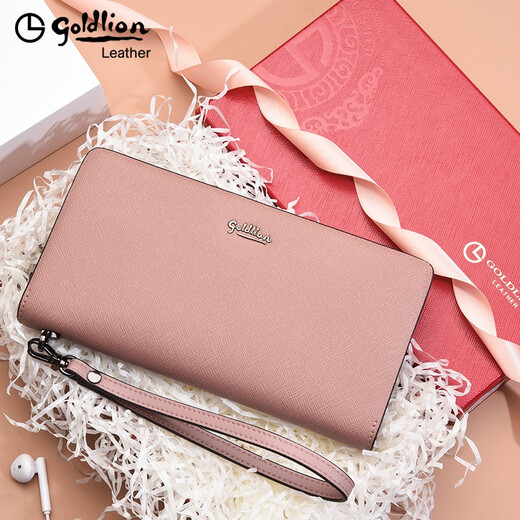Goldlion wallet women's long zipper clutch 2025 new fashion large capacity multi-function women's wristband handbag pink taro color [official authorization - one fake one and ten fines]