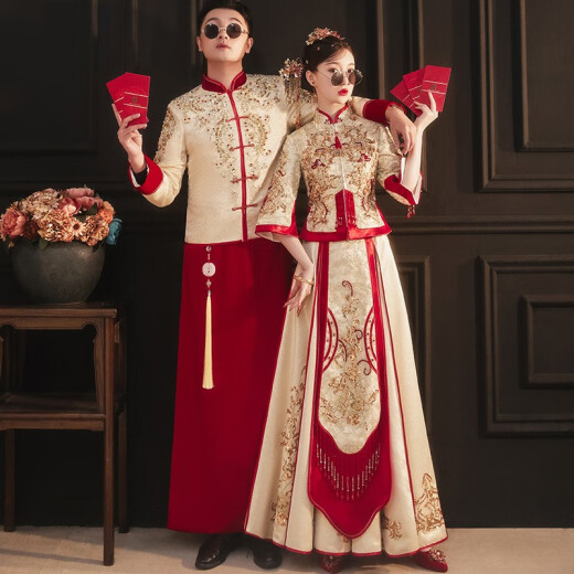 ZEIMSSMM Champagne Color Xiuhe Clothes 2024 New Chinese Bridal Wear Wedding Dress Wedding Toast Wear Wedding Clothes Gold Red Edge Xiuhe Double Sleeves 2XL
