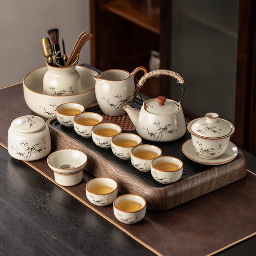 Porcelain brand tea set, Ru kiln tea set, household high-end ceramic split teapot, covered bowl, teacup, complete set of Kung Fu tea set, rich bamboo handle teapot, covered bowl, 8 cups, 13 pieces + Tao jar for washing dishes
