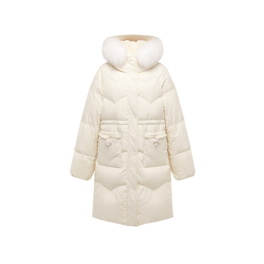PEACEBIRD Women's Fox Fur Collar Mid-Length Down Jacket Women's Soft Hooded Warm Horn Button Jacket Off-White S