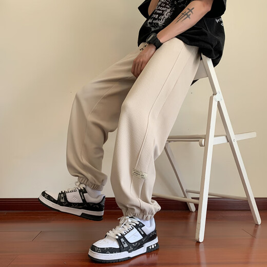 举风华夫格贴标休闲裤秋季男ins潮流设计感裤子男帅气潮牌束脚九分裤 【本店热销下单立减】K1049黑色 2XL 145至160斤可穿