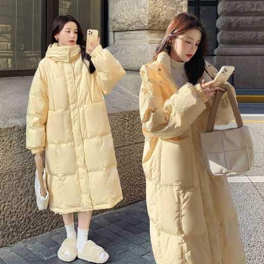 Amber heey Korean style large pocket white duck down jacket for women 2025 new mid-length lightweight hooded warm women's jacket creamy yellow S recommended (80-125Jin Jin equals 0.5 kg)