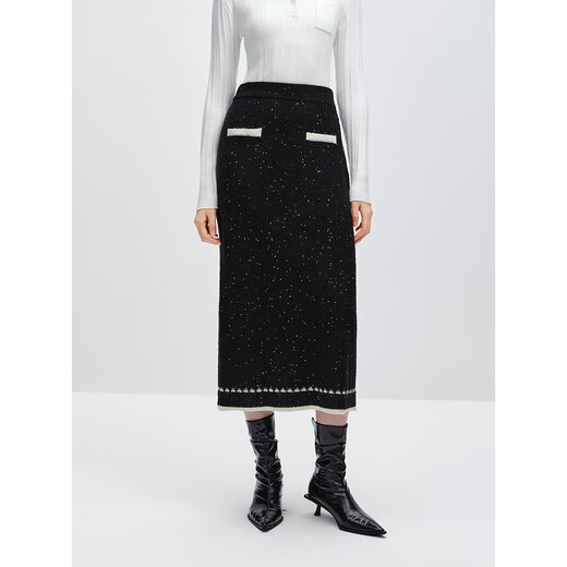 PEACEBIRD Women's Skirt Small Fragrant Style Exquisite Elegant Lapel Mid-Length Sequin Suit Black Long Skirt M