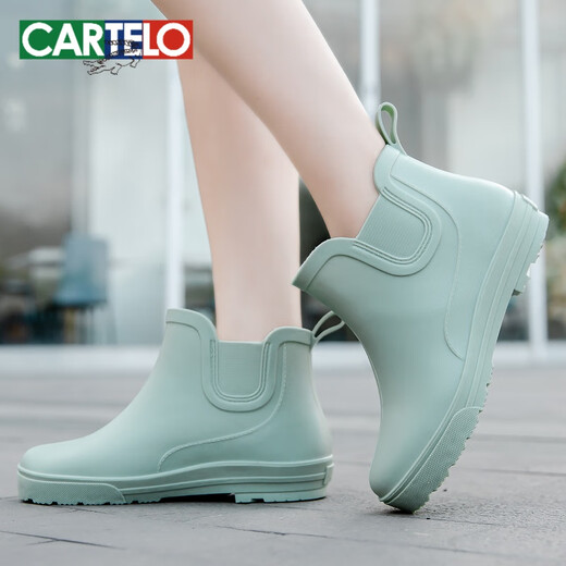 卡帝乐鳄鱼（CARTELO）时尚雨鞋女短筒防滑防水鞋加绒保暖雨靴 工作四季胶鞋套鞋水靴 卡其色 标准码 39