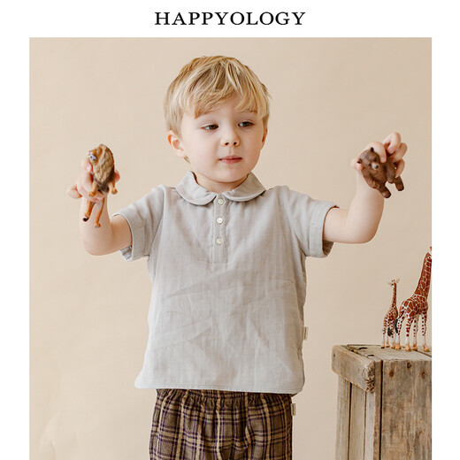 Happyology British children's shirt summer double-layer yarn short-sleeved solid color shirt British pure cotton top Cinnamon 98 (98cm)
