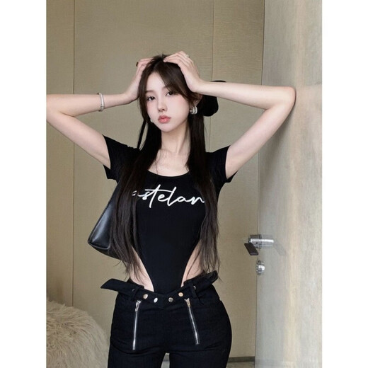 Hanrui Schwarzer Brief bedruckte kurzärmelige Hemd für Frauen im Sommer Trendy heiße Mädchen einteilige Design Nische Slim Fit Slim Top 684 Black M.