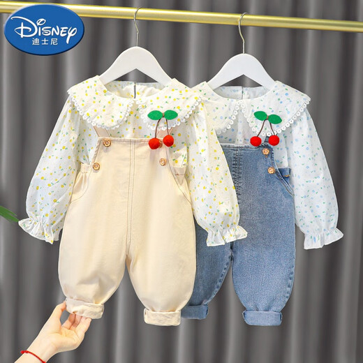 Disney (Disney) Baby Girl Autumn Outfit Set Pure Cotton Infant Princess Overalls Sweater Two-piece Set Spring and Autumn Internet Celebrity Fashion Pink Overalls Set (Spring and Autumn Style) 85cm