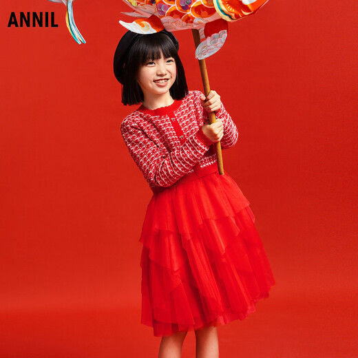 Annair girls' long-sleeved sweater knitted dress 2025 spring new style small fragrant stitching mesh skirt red New Year's red 110cm