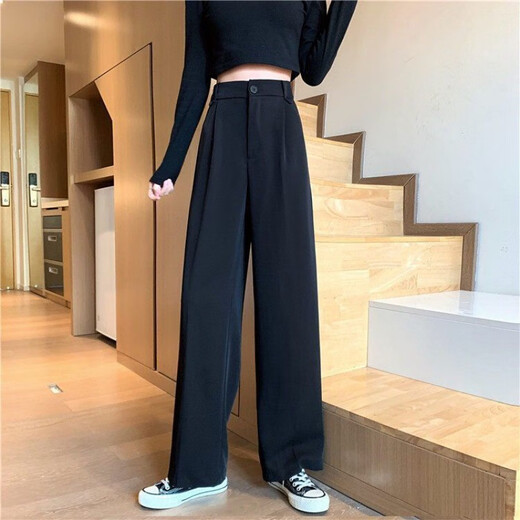 王熙麦阔腿裤女裤高腰垂感显瘦黑色百搭休闲直筒宽松西裤春秋季拖地长裤 1047#【黑色一纽扣款】 S 【建议94斤内穿】
