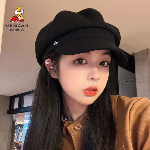 Scarecrow Beret Hat Women's New Versatile Simple Octagonal Hat Korean Fashion Trend Painter Hat Japanese Style Black One Size