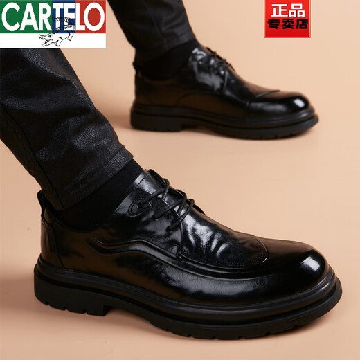 CARTELO crocodile leather shoes men's cowhide business formal wear British style Korean style trendy lace-up inner leather soft sole casual men's shoes black normal style 40