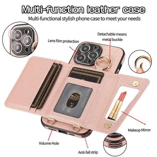Tongrubi Apple 16promax mobile phone case crossbody card bag suitable for iPhone 15 mobile phone case can be backed by Apple 13Promax with bag pocket 14pro with hanging black lychee pattern wallet card case can be plugged in + strap iPhone 14